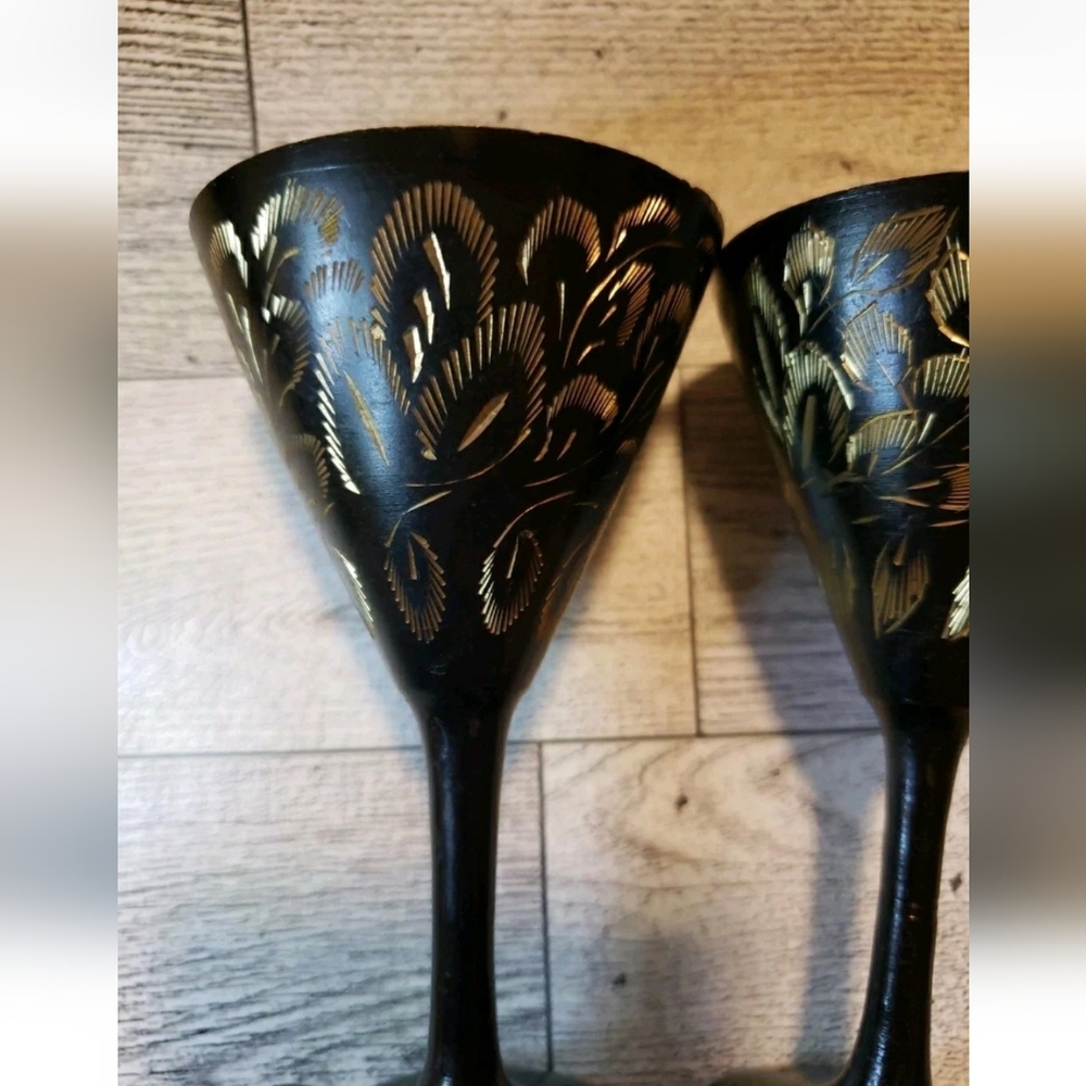 Black Metal Etched Cups Set Of 2 Decor - Picture 6 of 8